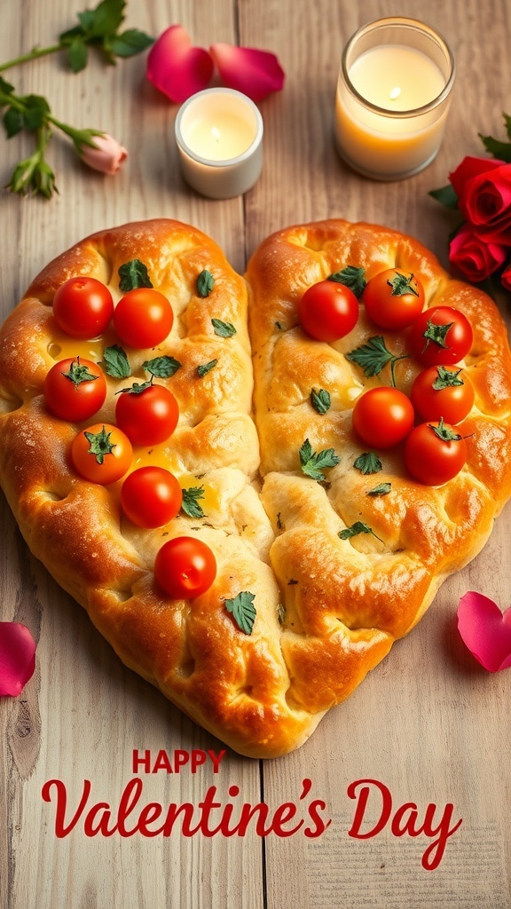 Valentine Heart-shaped focaccia bread art topped with vegetables and herbs on a rustic table.